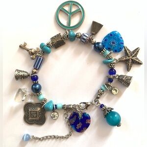 Turquoise Blue Multi-Charm Bracelet with Heart and Star Charms